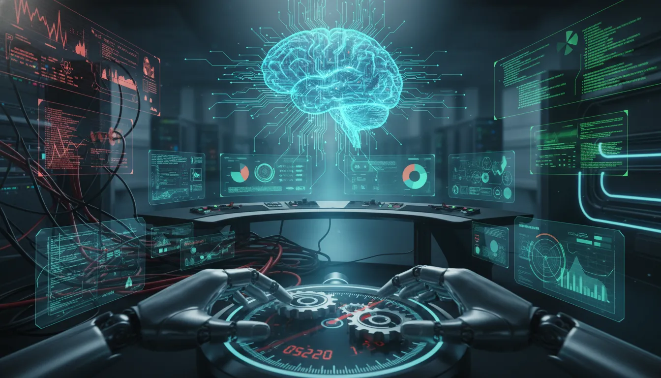 Abstraktní AI mozek z obvodů nad holografickými panely monitoringu, robotické ruce ladí převody a stopky znázorňují zrychlení, přechod z červených varování do klidných zelených stavů