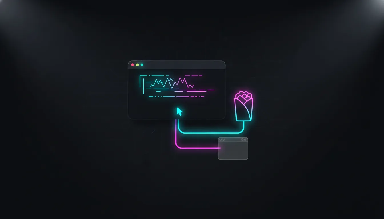 Modern terminal interface with a single-command workflow sending input to a burrito icon and a web page preview, no text shown.