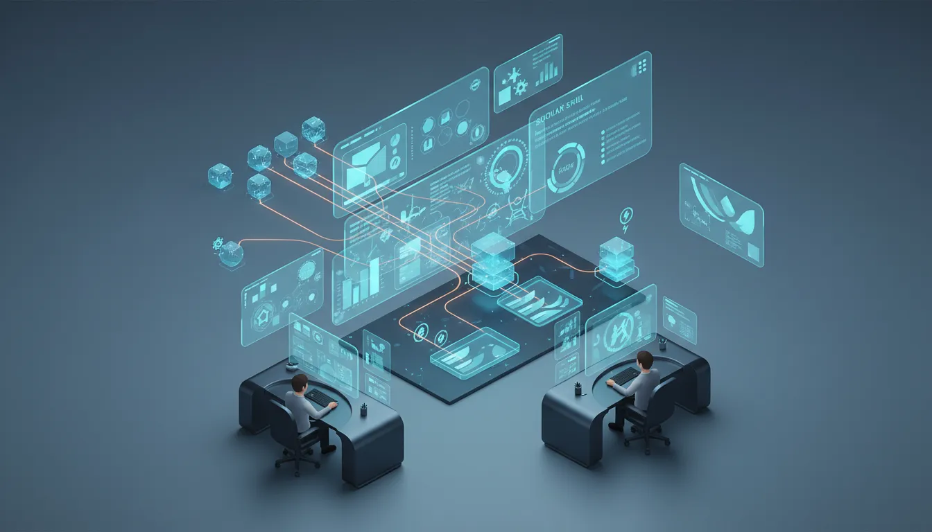 Ilustrace moderního isometrického 'command center' pro aplikaci Codex: průhledné panely a plovoucí karty představující agenty, propojené zářícími toky znázorňující paralelní workflowy, modro‑teal paleta s oranžovými akcenty, vývojáři u pracovních stanic, bez textu.