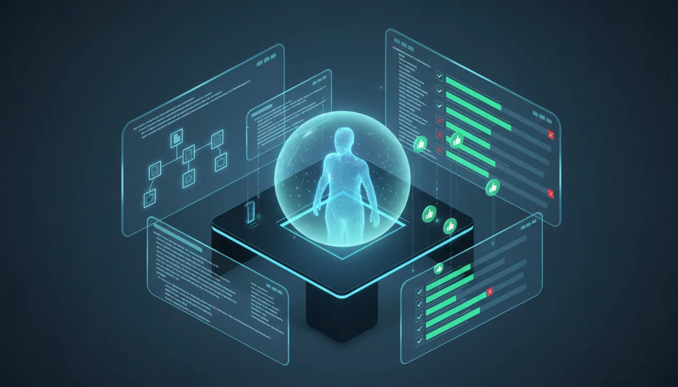 Abstraktní AI kontroluje kód na plovoucích obrazovkách s výsledky automatických testů