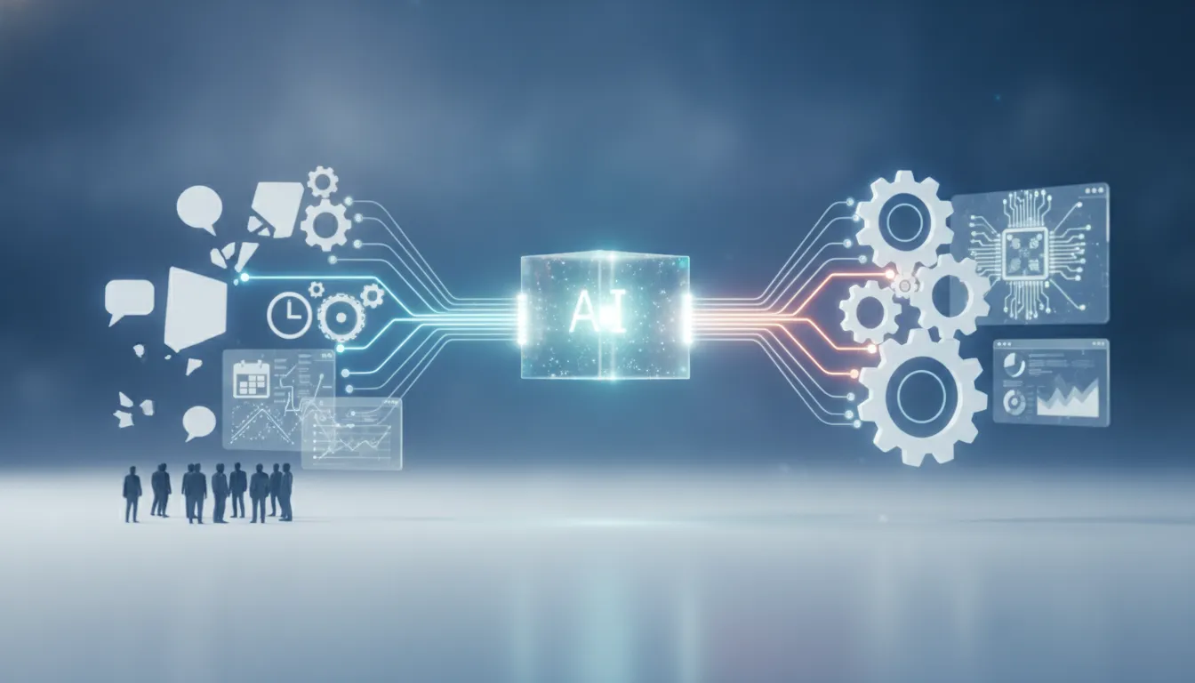 Holografické znázornění solution engineeringu: z různých signálů se přes světelné propojení vytváří konkrétní funkční AI výstup pro firmu
