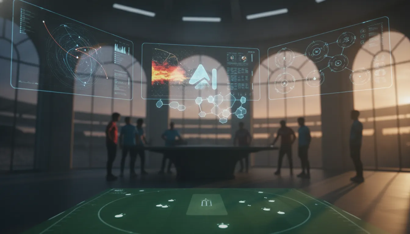 A cinematic control room scene showing cricket strategy enhanced by AI, with glowing holographic interfaces and abstract data visualizations, no text.