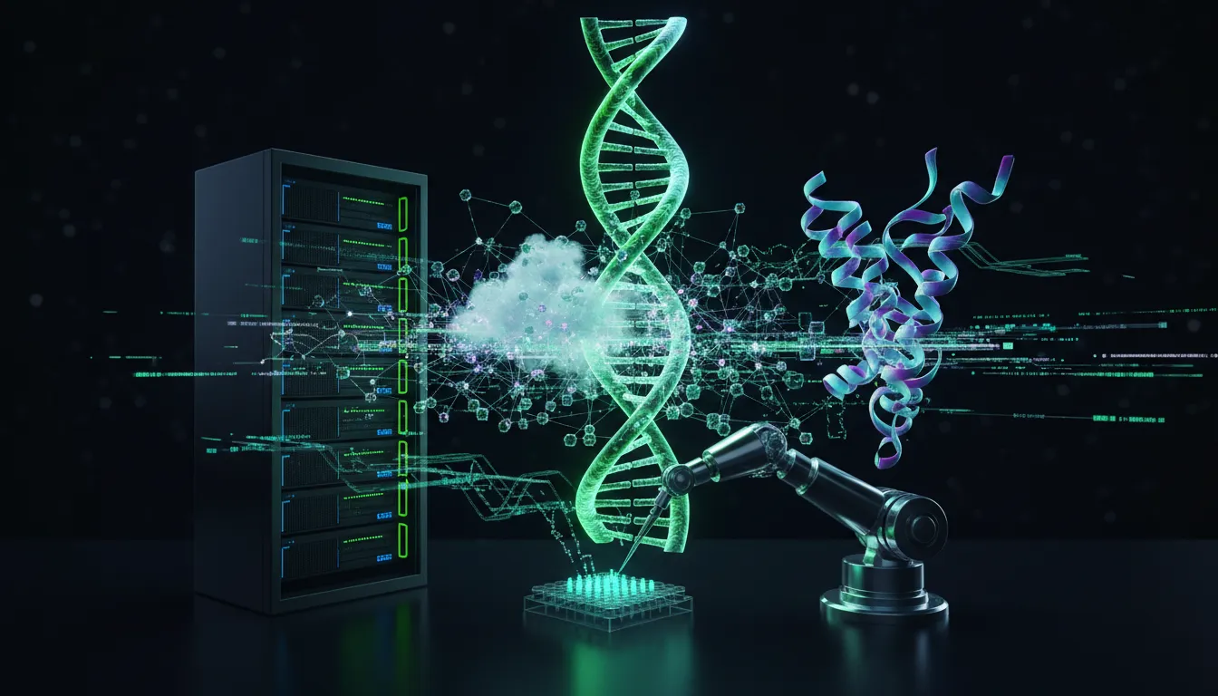 Ilustrace propojení výkonných GPU, generativních modelů a automatizovaných laboratoří: DNA helix se mění v protein, neurální síť spojuje výpočet a biologii, robotická pipeta v akci