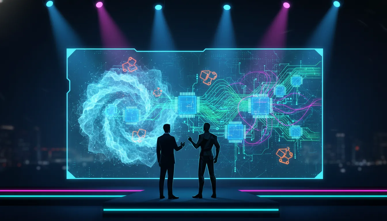 Futuristická scéna na technologické konferenci znázorňující přechod AI z experimentů do praktických podnikových systémů s holografickou hybridní architekturou CPU a GPU a propojenou autonomní sítí.
