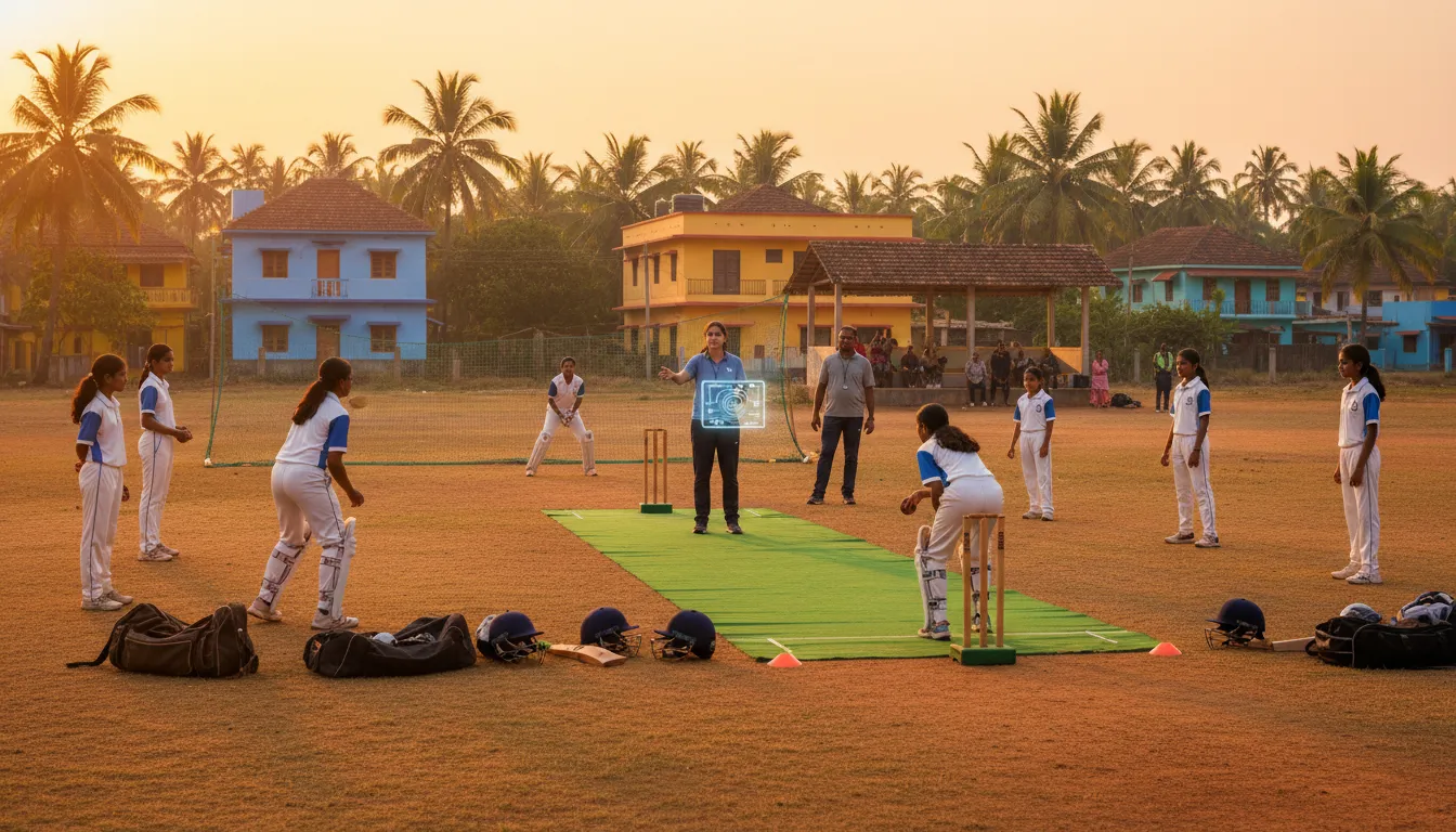 Dívčí kriketová akademie v Goa: trenér s tabletem vede skupinu dívek při tréninku na venkovním hřišti obklopeném palmami a barevnými domy, zdůrazňující profesionalitu a komunitní podporu.