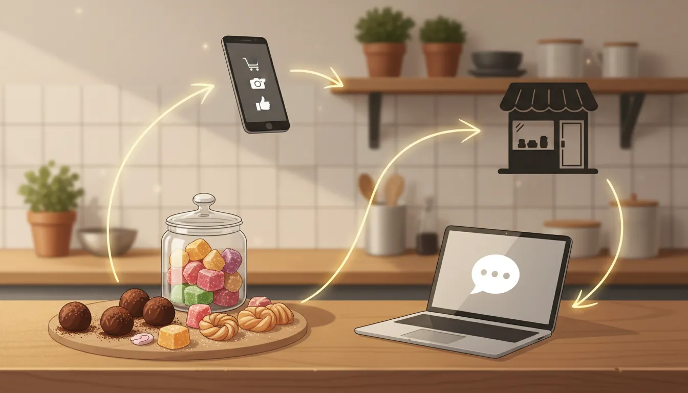 Ilustrace ukazující propojení domácí výroby sladkostí s prodejem a marketingem – jar s cukrovinkami, šipky k obchodu a digitálnímu marketingu a chatovému rozhraní bez textu.