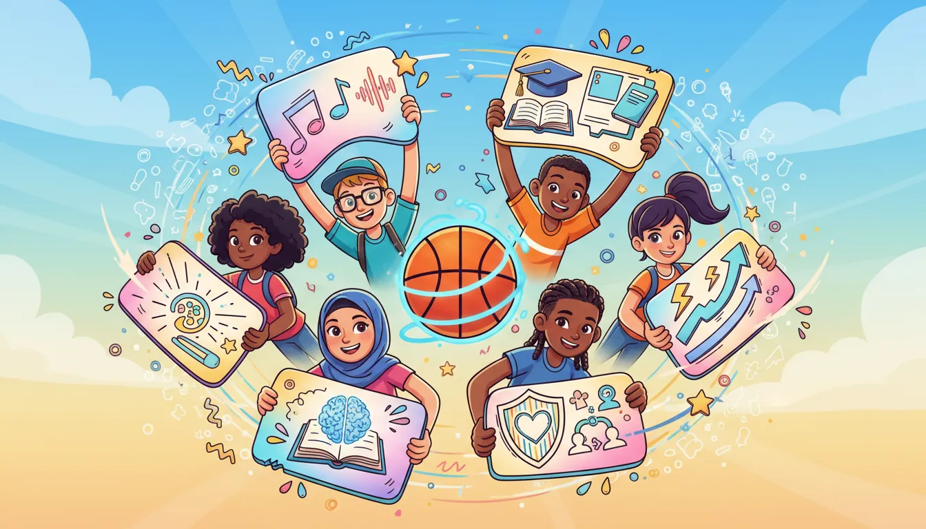 Ilustrace pěti studentských doodlů se superhrdinskými symboly kolem basketbalu, bez textu