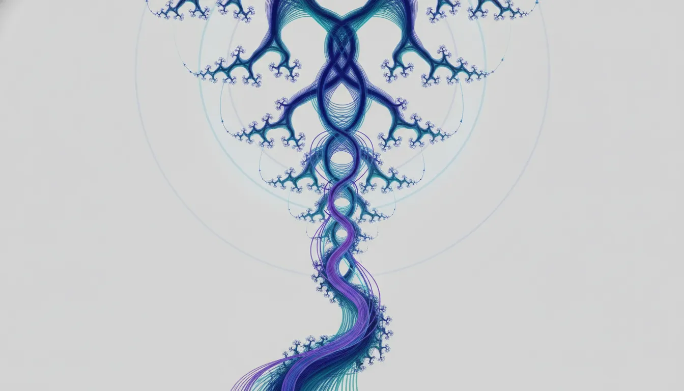 Infographic-style abstract fractal showing nested self-similar line segments converging with merged pathways to illustrate information surviving after identical transformations