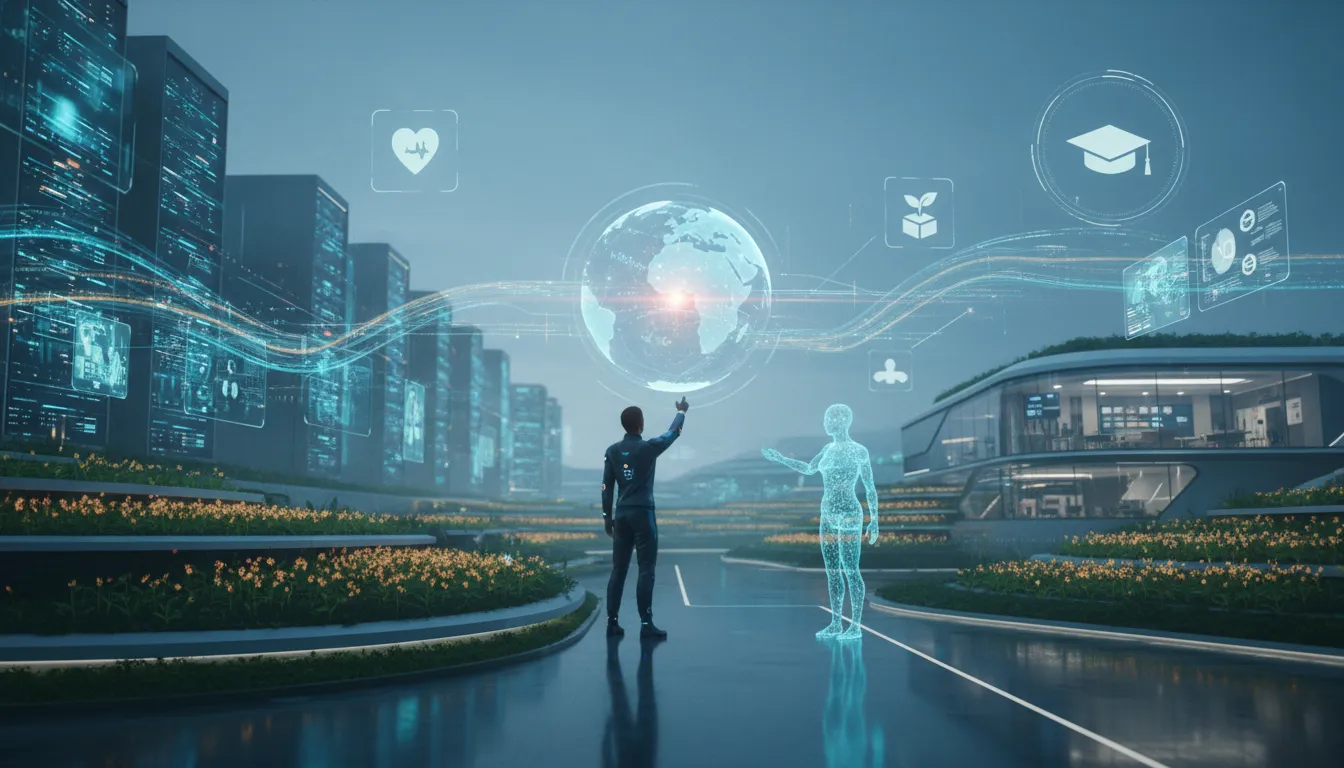 Futuristické datové centrum splývající s krajinou, propojené průsvitnými toky dat s holografickými scénami zdravotnictví, zemědělství, zásobování a vzdělávání; člověk a abstraktní AI spolupracují.