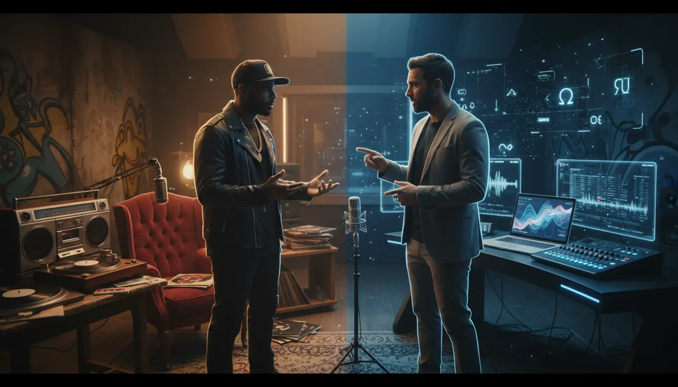 Hip hopový veterán a technolog v nahrávacím studiu spojují minulost a budoucnost — boombox a vinyl plynule přecházejí v laptop, digitální zvukové stopy a holografické kvantové vzory.