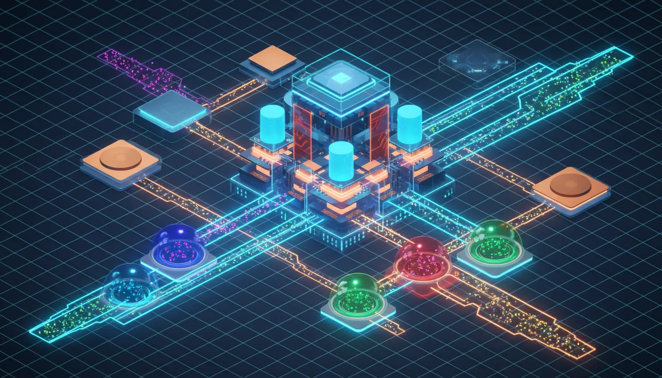 Isometrická ilustrace integrovaného AI systému: procesory, paměť, síť a úložiště zpracovávají proud zářících tokenů skrz barevné expertní moduly, znázorňující extreme co-design a efektivní tokenomics.