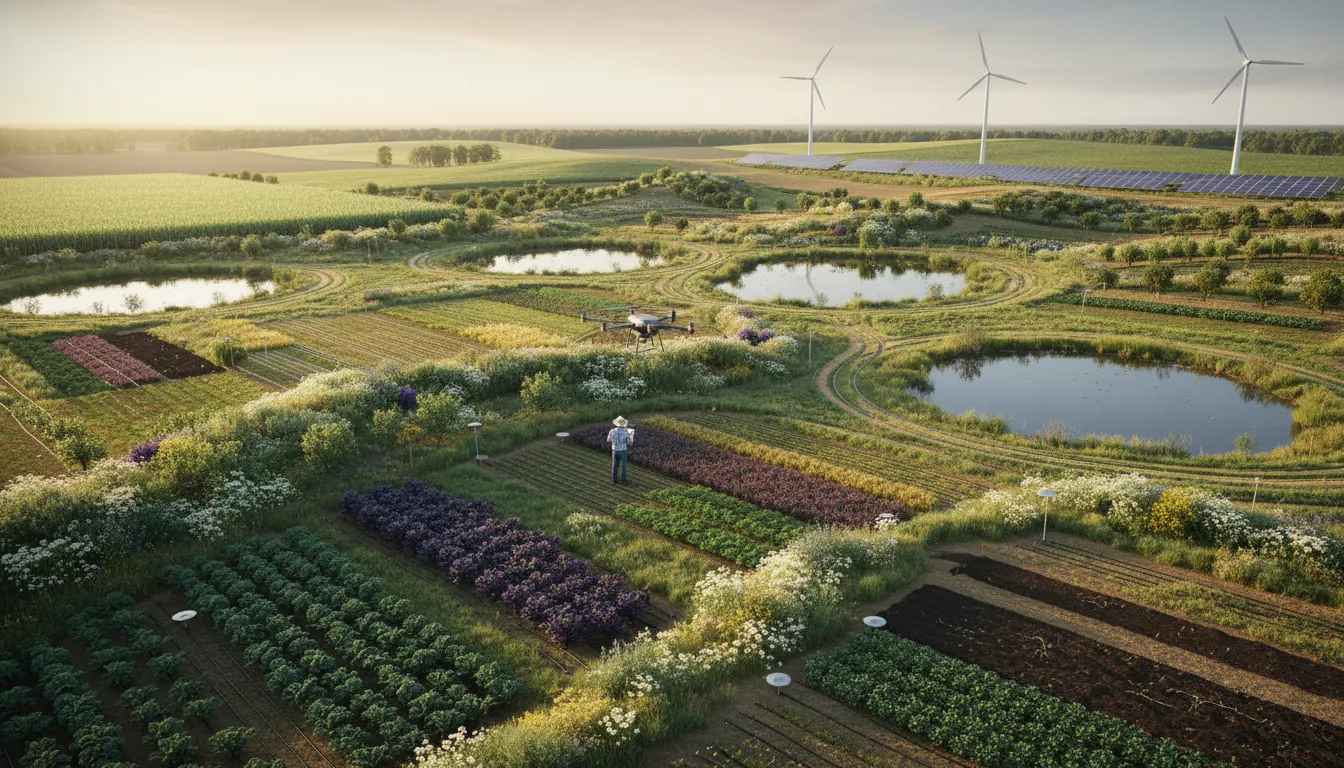 Letecký pohled na farmu budoucnosti ukazující přechod od intenzivní monokultury k rozmanitému udržitelnému zemědělství s agroforstem, solárními panely, kapkovou závlahou a farmářem s tabletem.