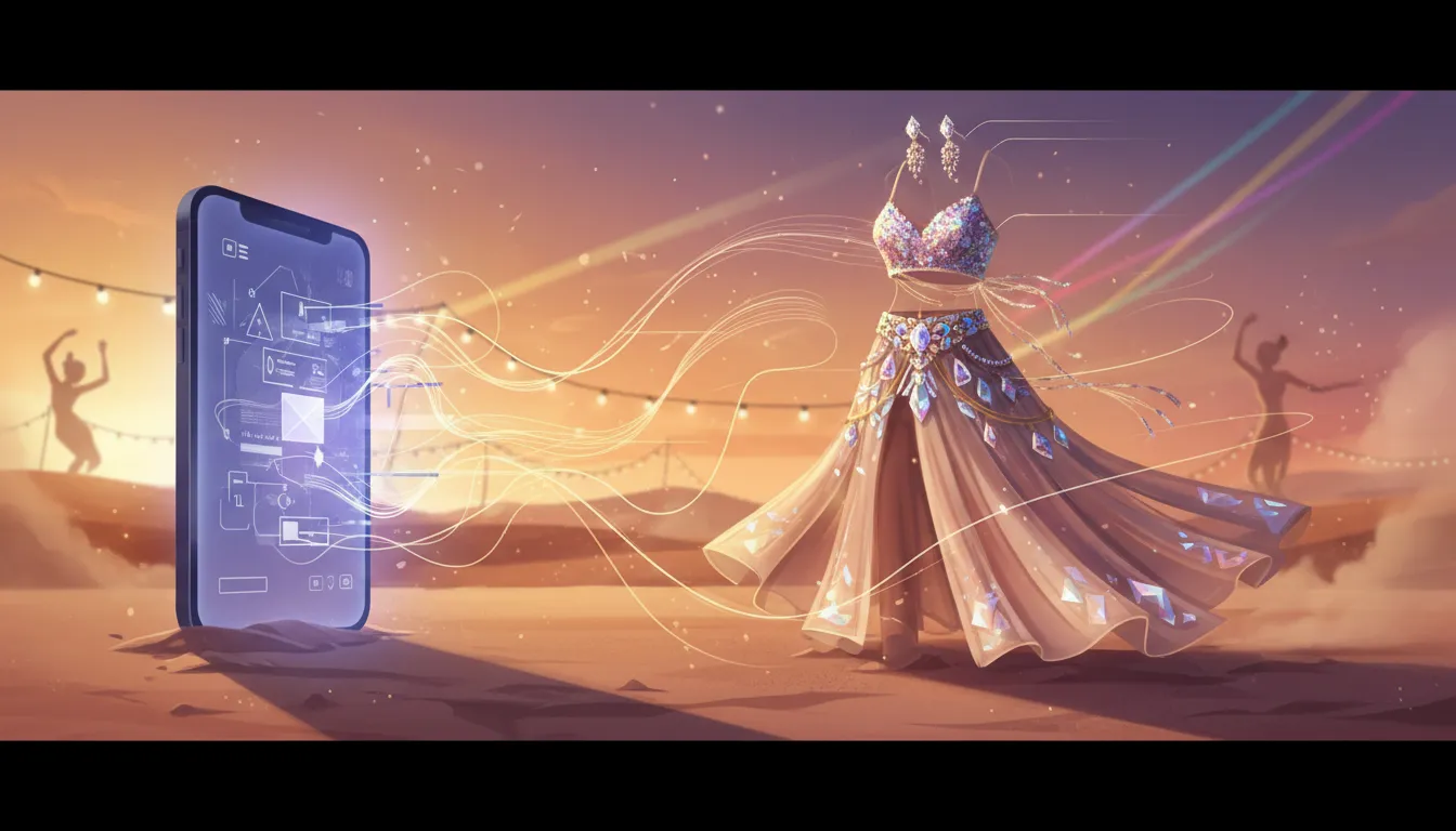 Symbolic illustration of festival outfit planning inspired by online searching, showing a smartphone glow transitioning into a vibrant dance-ready outfit on a sandy desert background