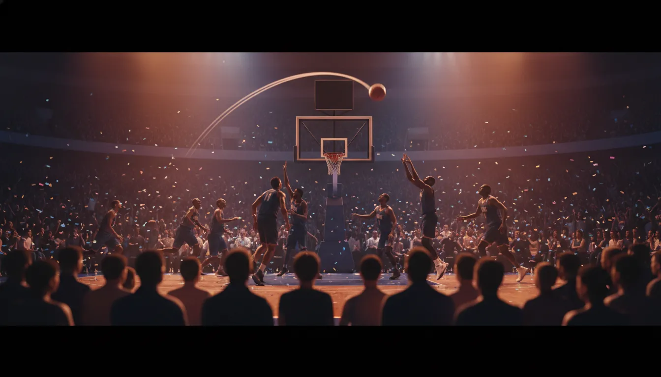 Dramatická scéna finále basketbalové sezóny s košem, létajícím míčem a světly stadionu, bez textu.