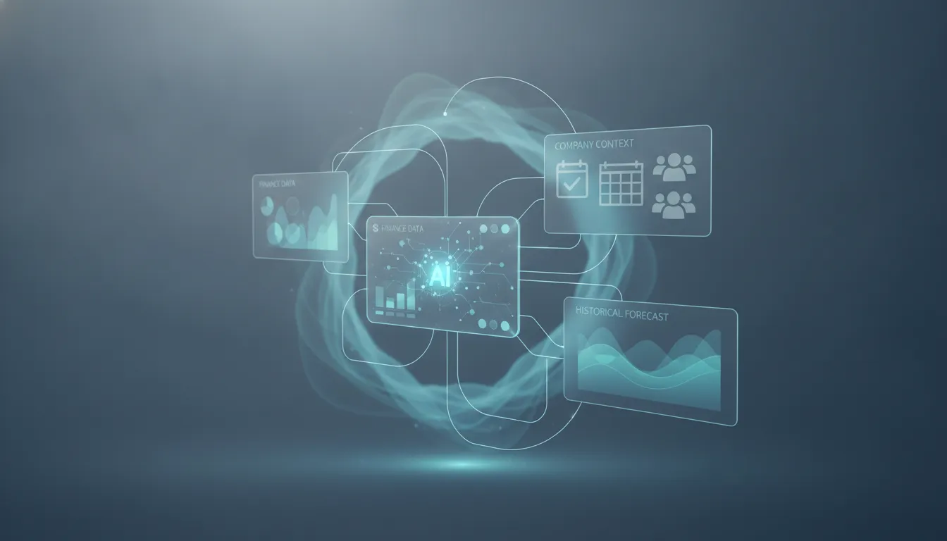 Ilustrace moderního pracovního rozhraní pro finanční forecasting s propojenými datovými zdroji a AI dashboardem bez textu.