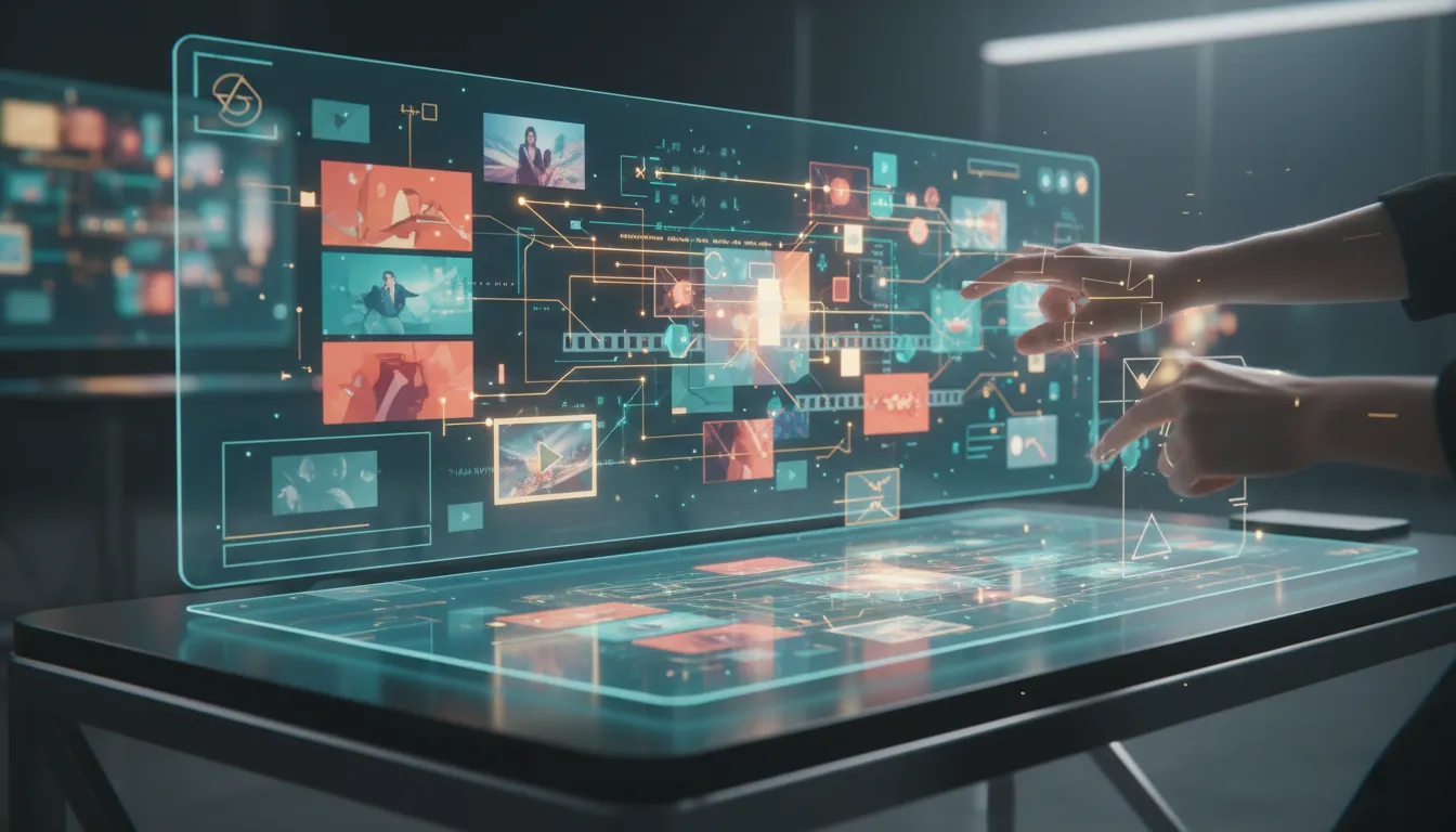 Abstraktní digitální studio znázorňující plynulý workflow tvorby obrázků a krátkých videí