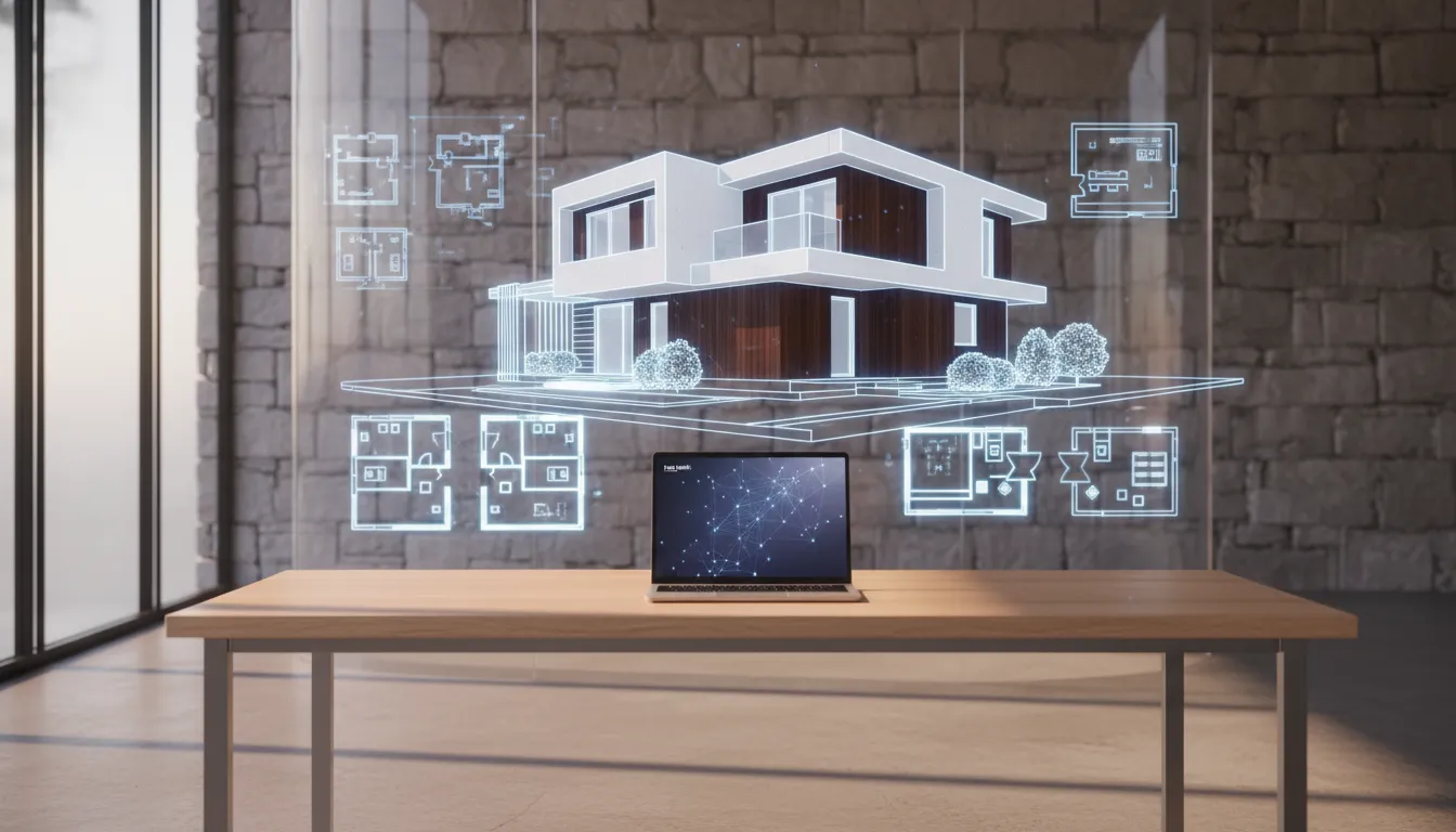 Fotorealistická scéna moderního domu s holografickým 3D modelem a světelnými architektonickými nákresy naznačujícími spolupráci s AI agentem
