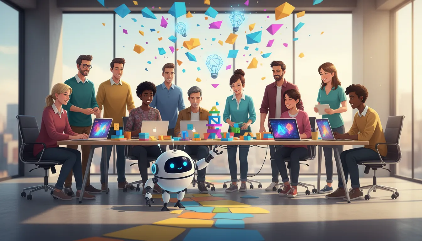 Playful modern office with a diverse team collaborating with a friendly robot and colorful prototypes, a stepping-stone path of tiles symbolizing step-by-step AI adoption.