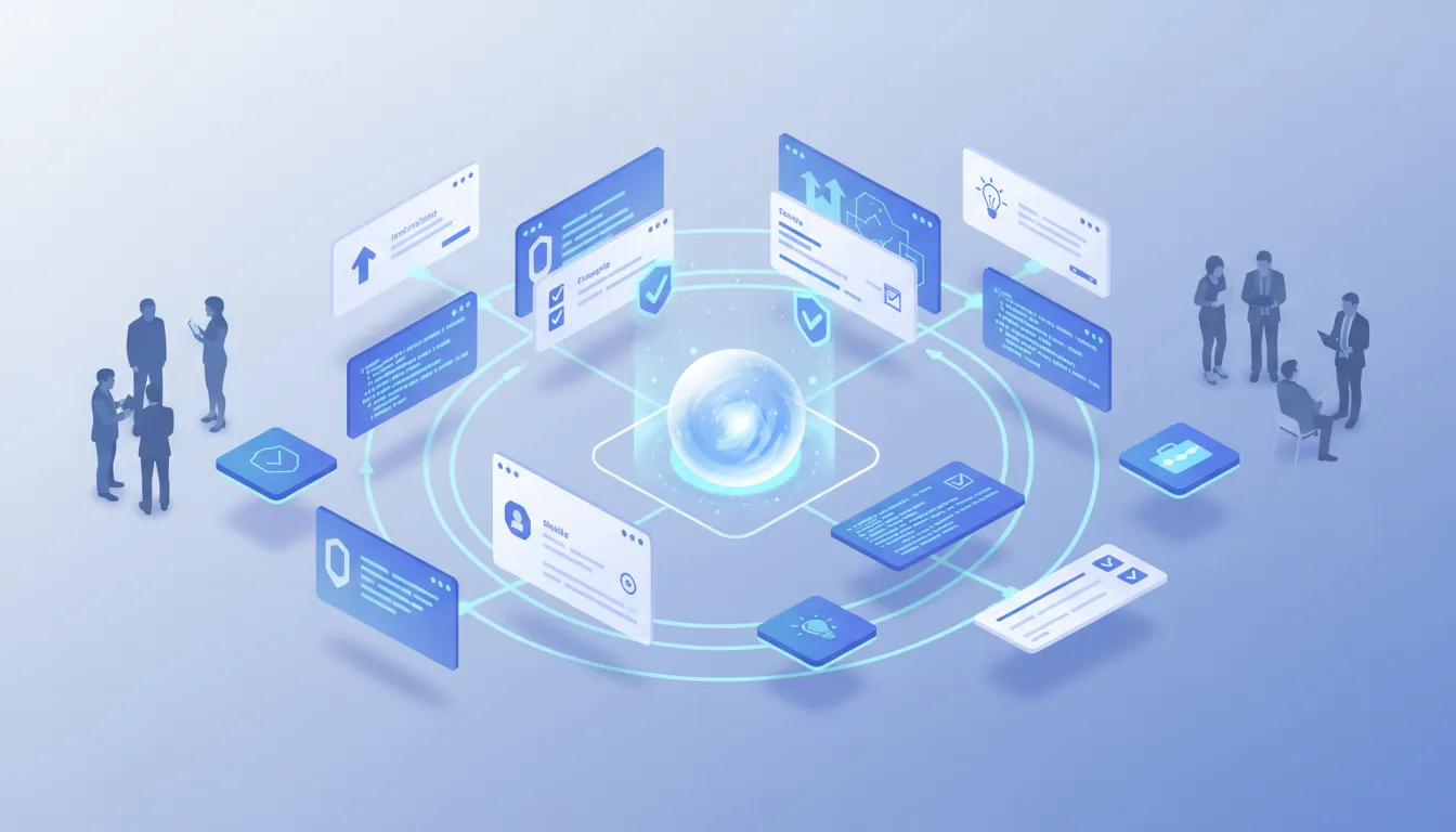 Izometrická ilustrace modulárních Skills pro ChatGPT Business a Enterprise v betě: plovoucí karty s ikonami instrukcí, příkladů a kódu propojené workflow linkami, bez textu