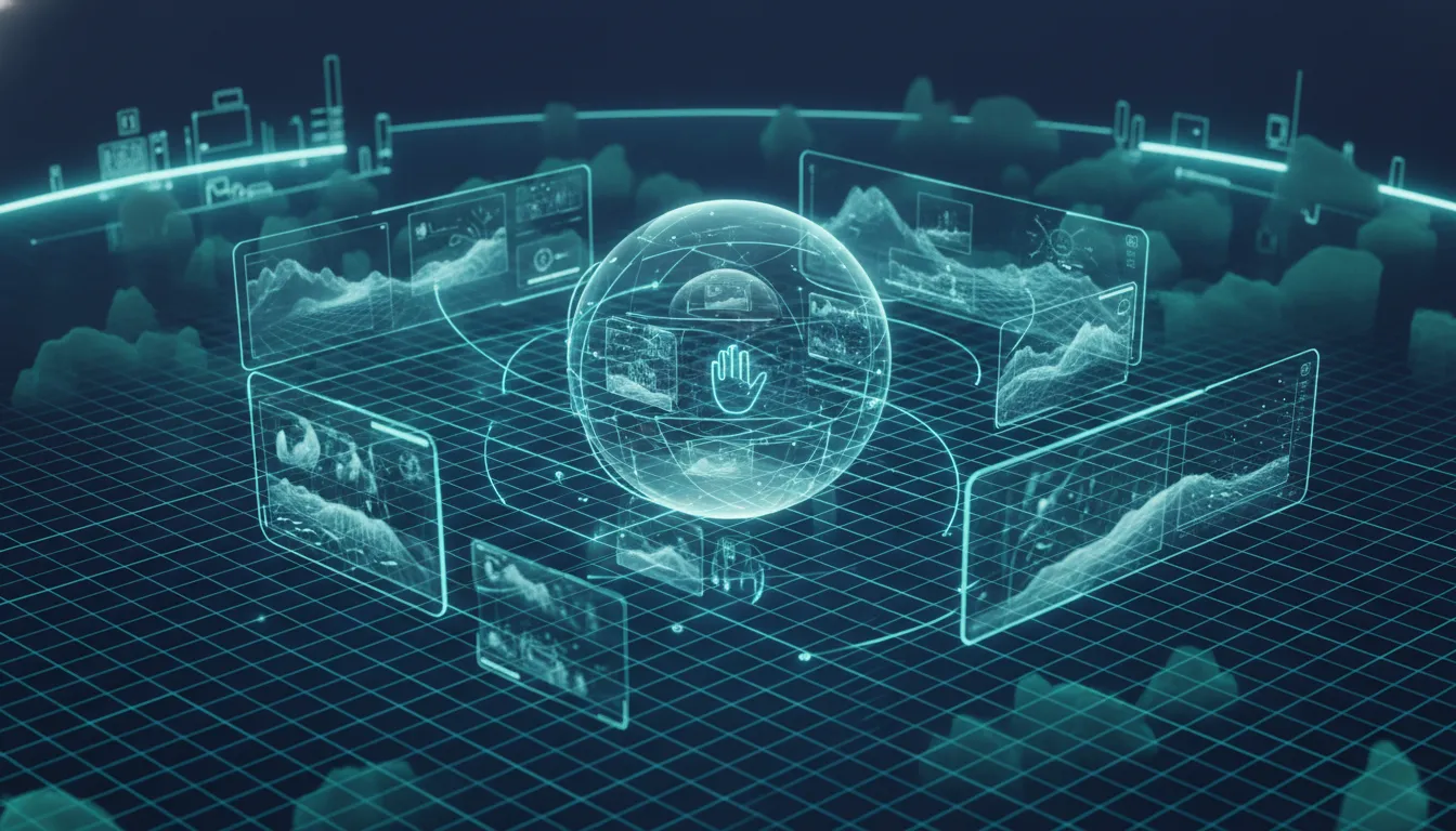 Futuristic holographic world model environment with interconnected glowing nodes and layered transparent frames, shown without any text