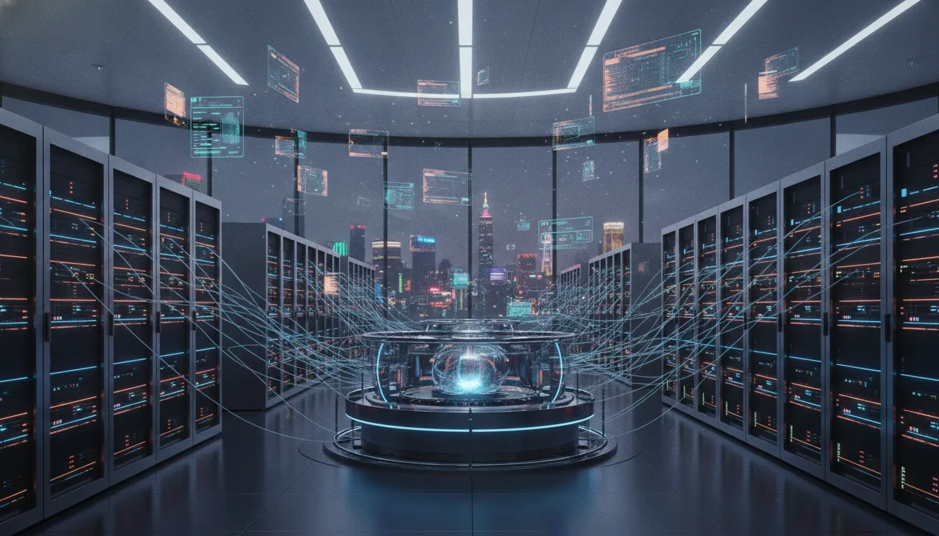 Futuristická scéna datového centra s rozsvícenými servery a holografickými spojeními symbolizujícími agentickou AI infrastrukturu
