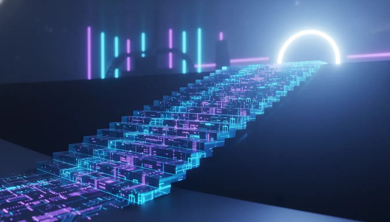 Futuristická scéna s neonově osvětlenými stupni jako metafora „level up“ pro očekávané AI novinky na Google I/O