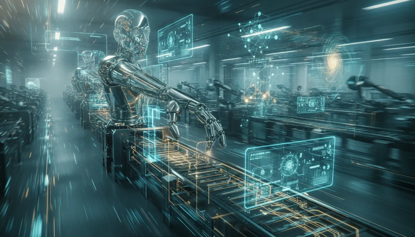 Futuristická scéna propojující robotiku, průmyslovou automatizaci a holografickou AI infrastrukturu pro novou průmyslovou éru