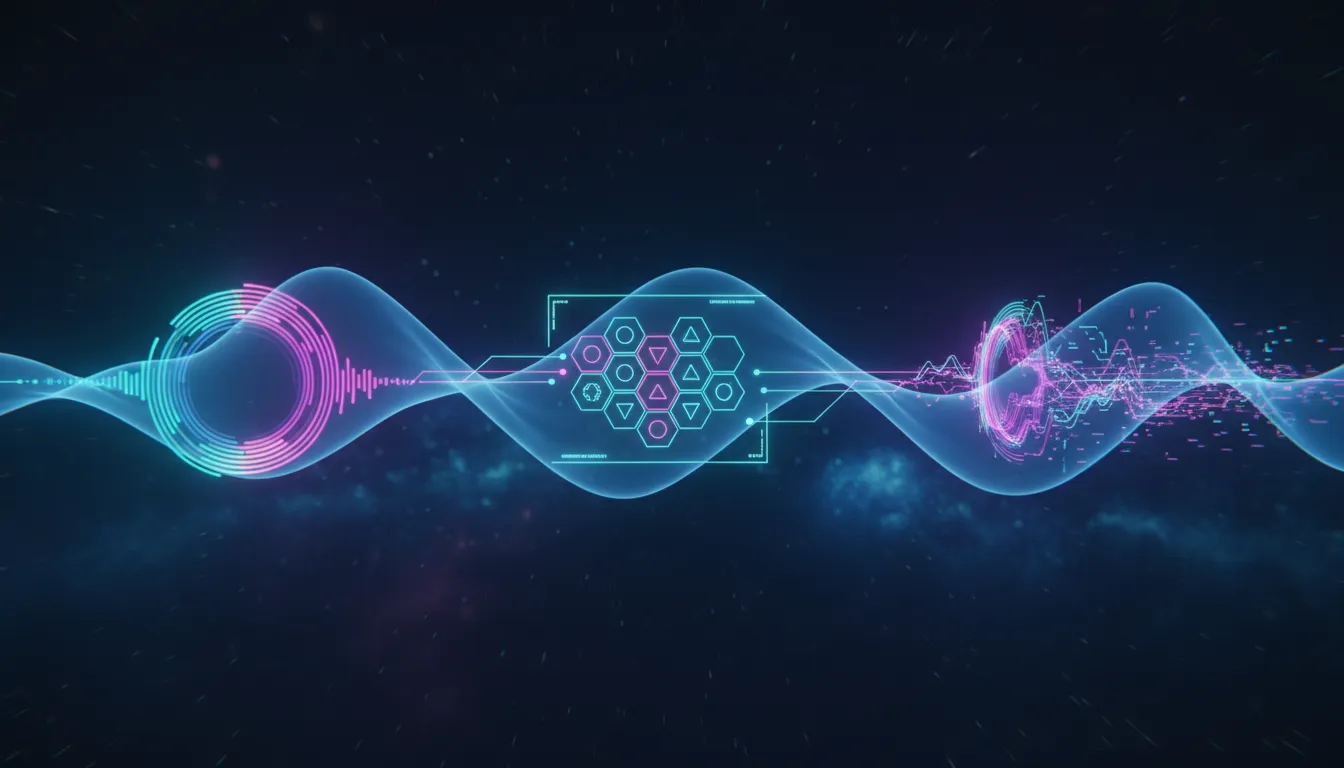 Futuristická scéna s trojicí propojených audio proudů a zvukových vln znázorňujících nové realtime hlasové AI modely pro překlad, asistenci a převod řeči na text.