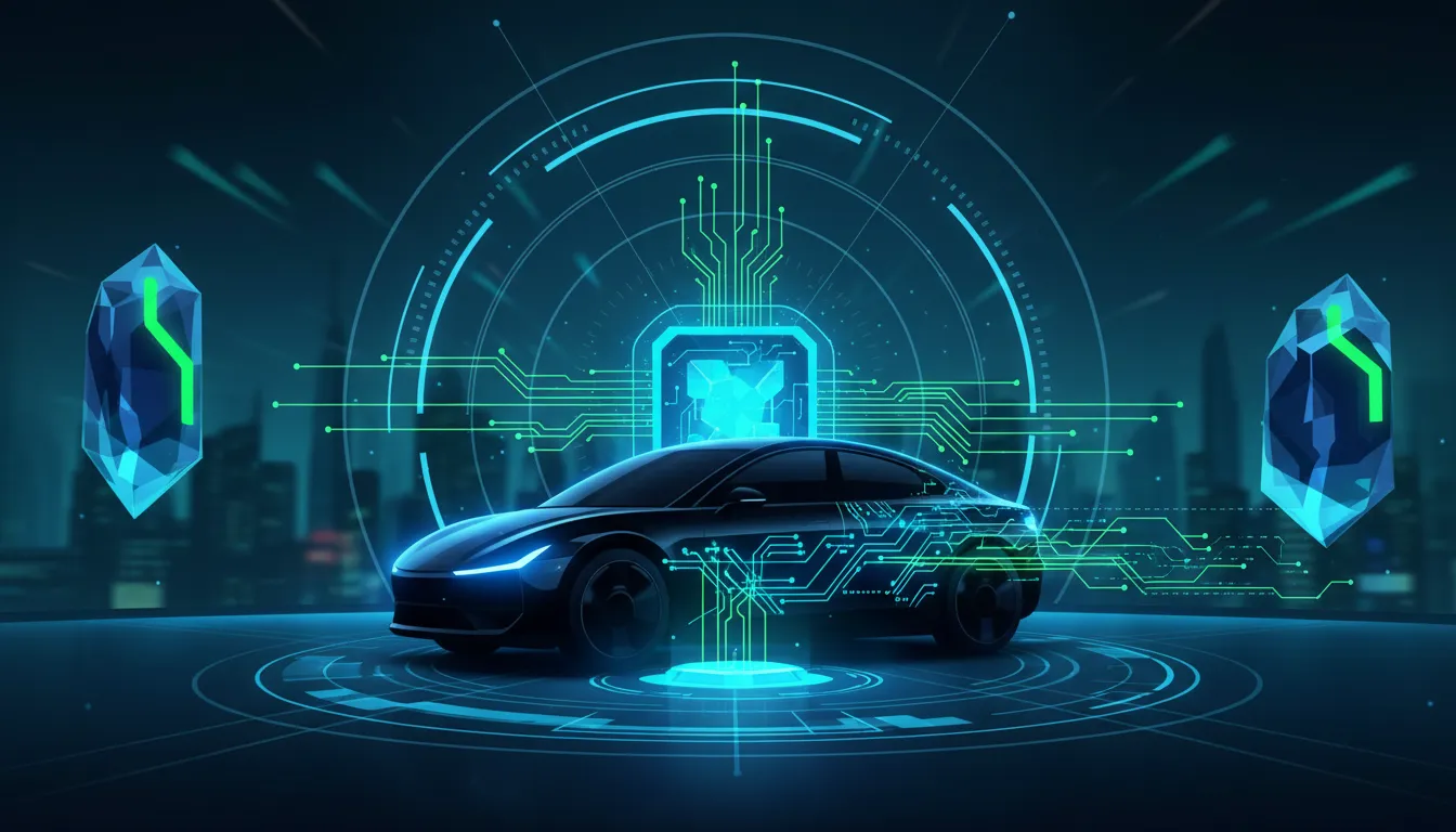 Futuristický vizuál autonomního řízení: vůz s holografickými vrstvami AI, datovými proudy a síťovou „výpočetní“ infrastrukturou v městském prostředí, bez textu.