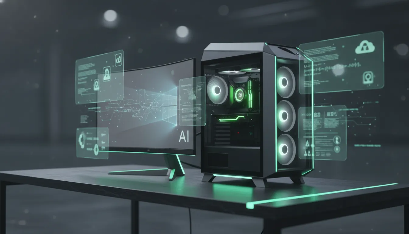 Futuristický fotorealistický pohled na moderní Windows PC se svítícími hologramy znázorňujícími osobní AI agenty bez textu