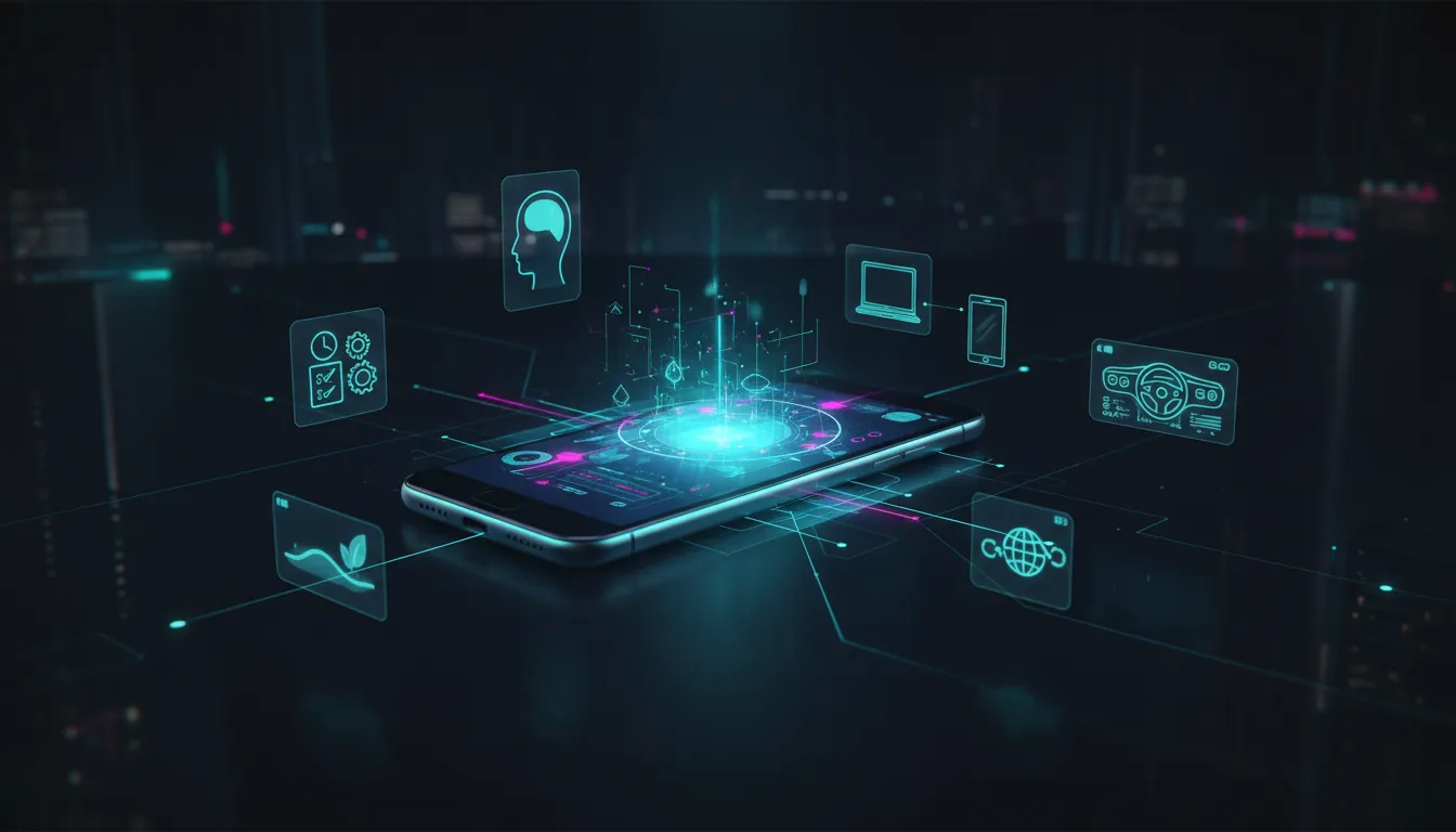Futuristická ilustrace znázorňující propojený ekosystém Androidu s AI asistencí a propojením mezi zařízeními bez jakéhokoli textu.