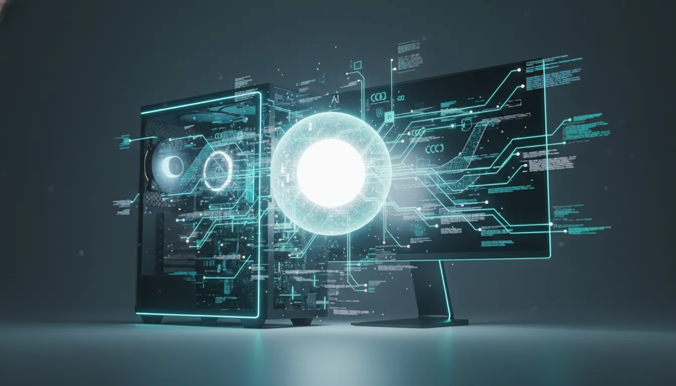 Futuristický moderní desktop PC s holografickými AI světelnými efekty znázorňujícími osobní AI počítač