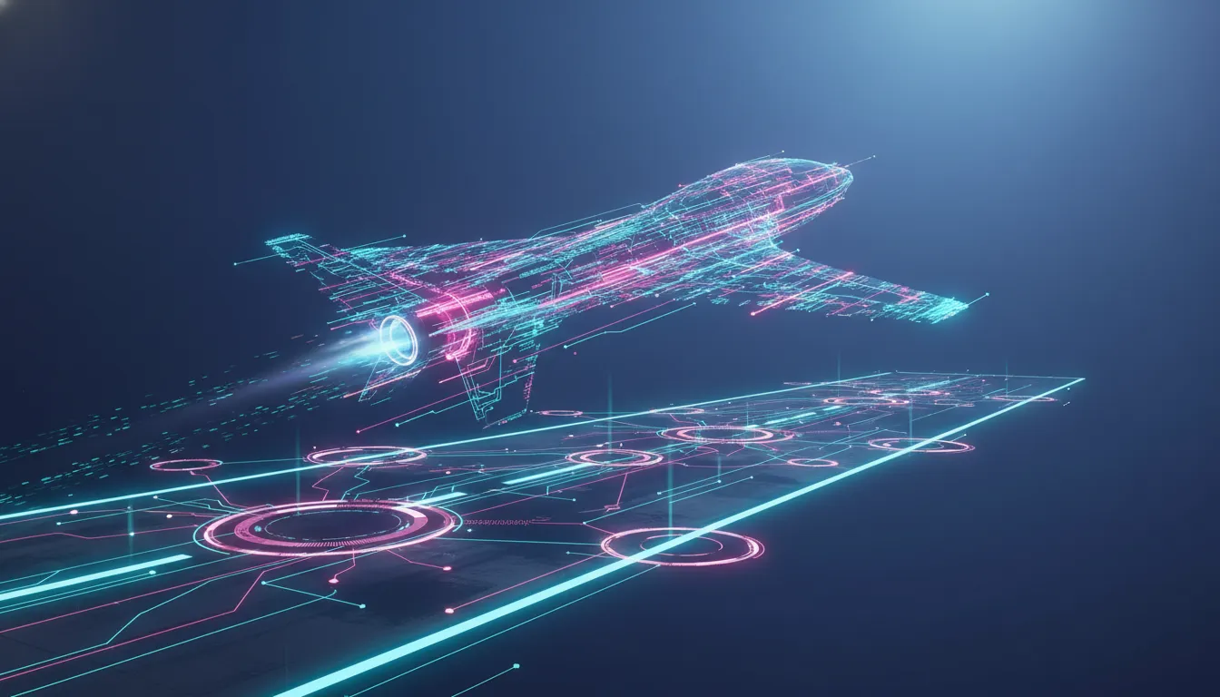 Ilustrace futuristického vzletu propojeného systému naznačujícího rychlejší vývoj softwaru a plynulé přepínání mezi projekty bez textu.
