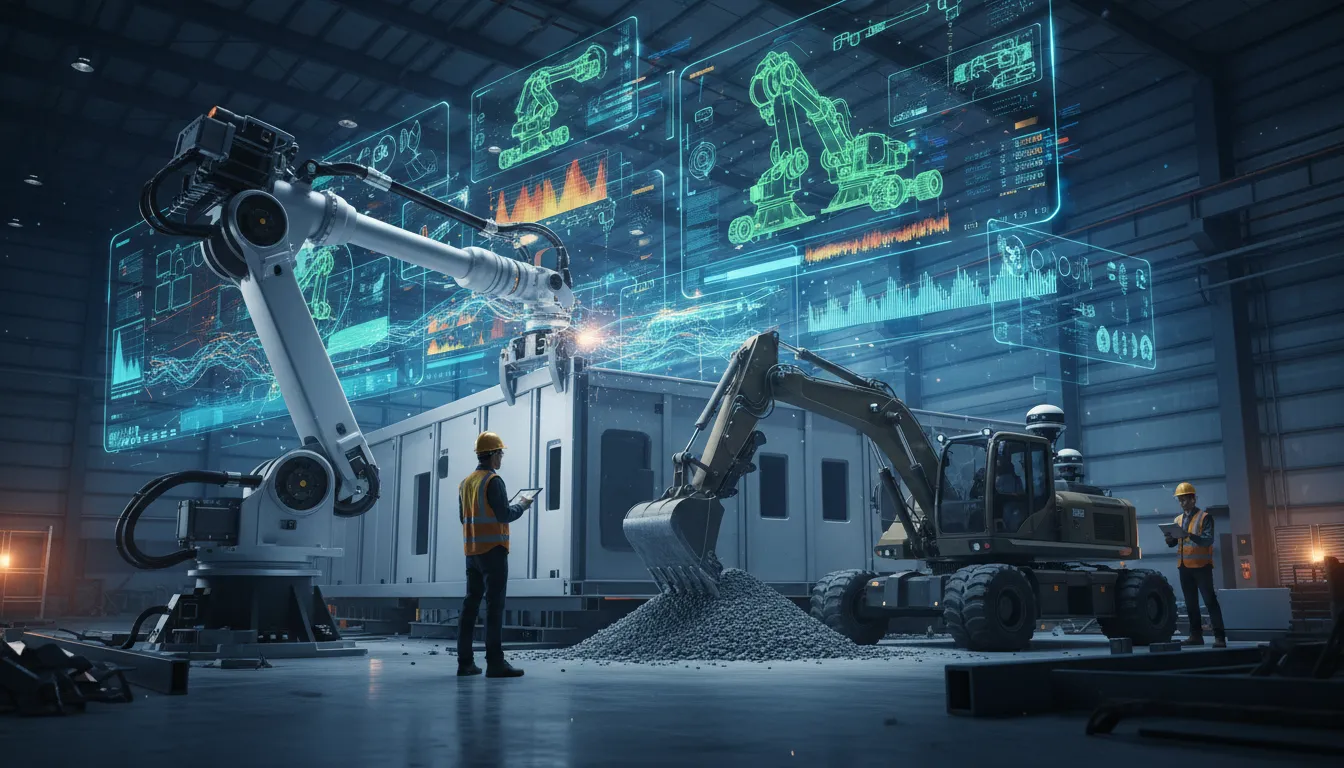 Fotorealistická scéna průmyslového prostředí s robotem, autonomním stavebním vozidlem a holografickým digitálním dvojčetem zobrazujícím simulace a datové toky