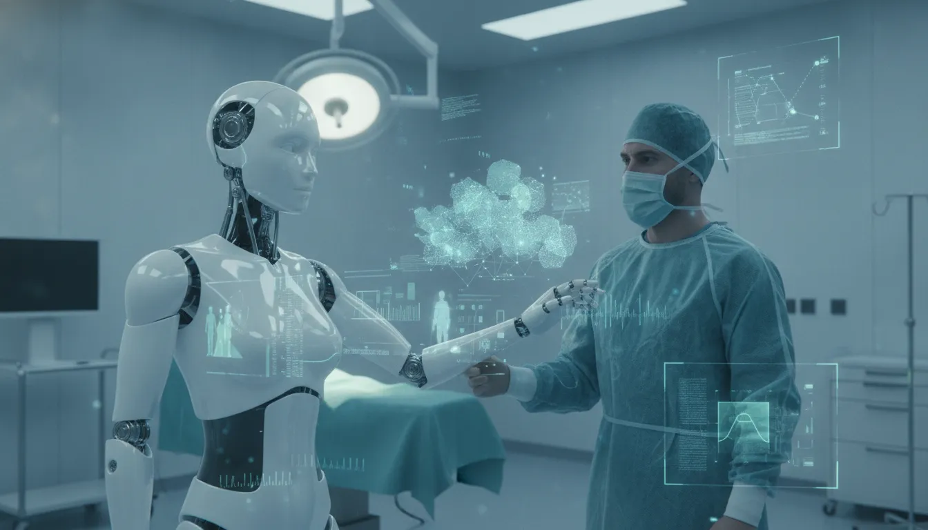 Autonomní zdravotnický robot spolupracující s lékařem v moderní nemocnici, propojený holografickými senzory a tokem dat pro fyzickou AI.