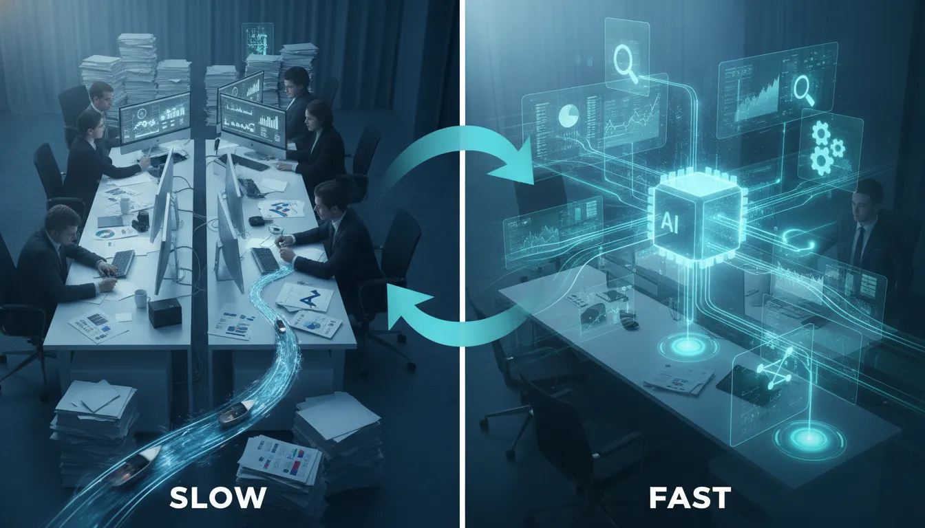 Ilustrace zobrazující generativní AI, která urychluje pracovní postup v podniku – od technické analýzy k rychlým výsledkům na přehledném dashboardu, bez textu.