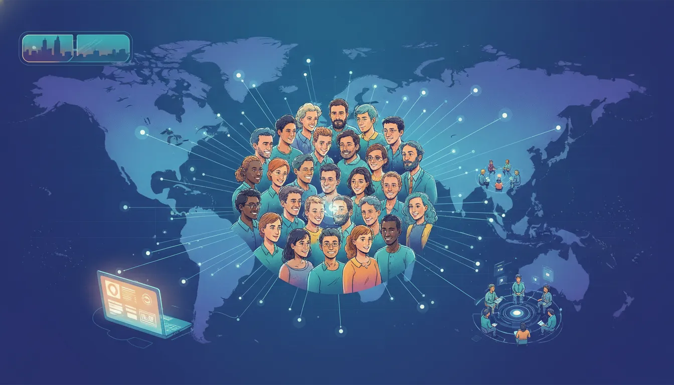 Ilustrace znázorňující růst globální komunity: propojená síť lidí po světě a spolupráce od online setkání po společné projektování.
