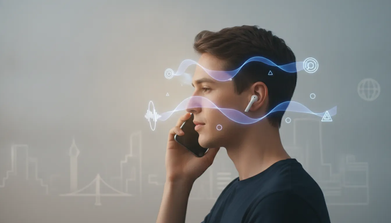 Osoba poslouchající překlad ze smartphonu přes bezdrátová sluchátka a telefon přiložený k uchu s vizuálními vlnami zvuku bez textu