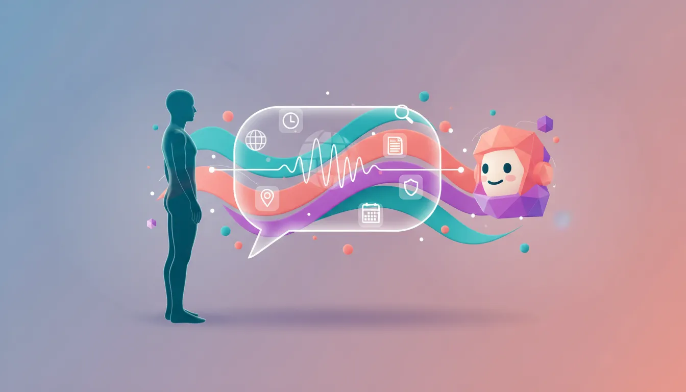 Ilustrace plynulého integrovaného webového vyhledávání v chatovacím modelu: konverzace mezi uživatelem a AI, datové pásy a ikonky bez textu