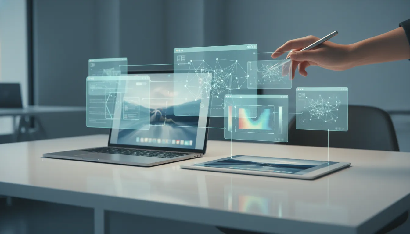 Moderni pracoviste s holografickym frontend rozhranim a AI analyzou obrazku symbolizujici persistentni CUA a lepsi porozumeni obrazkum