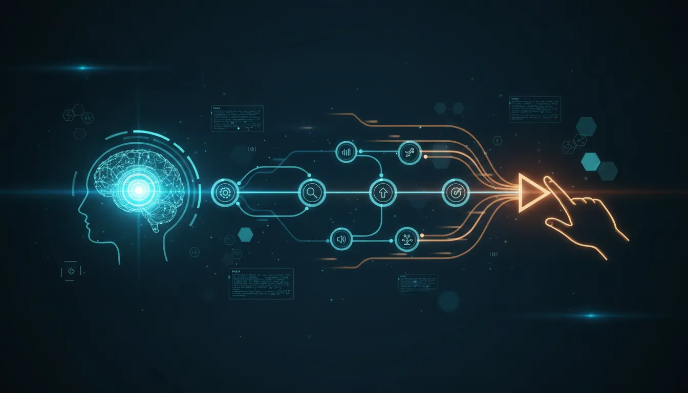 Futuristic illustration of an AI neural core emitting a clear sequence of glowing nodes being gently redirected by a human hand, symbolizing interruptible step-by-step AI planning and collaboration.