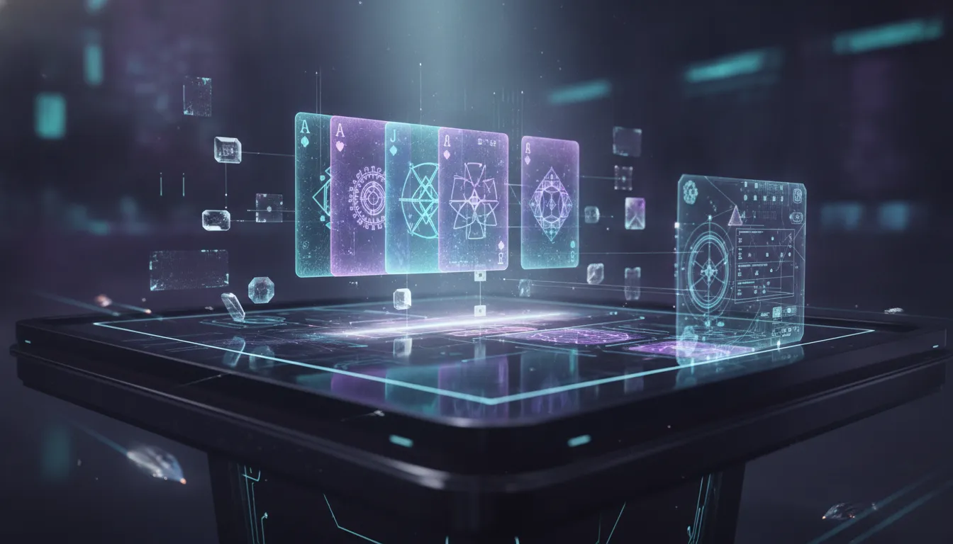 Holographic sci‑fi card deck hovering over a futuristic tabletop, connected by glowing light lines suggesting AI-generated game creation with no text.