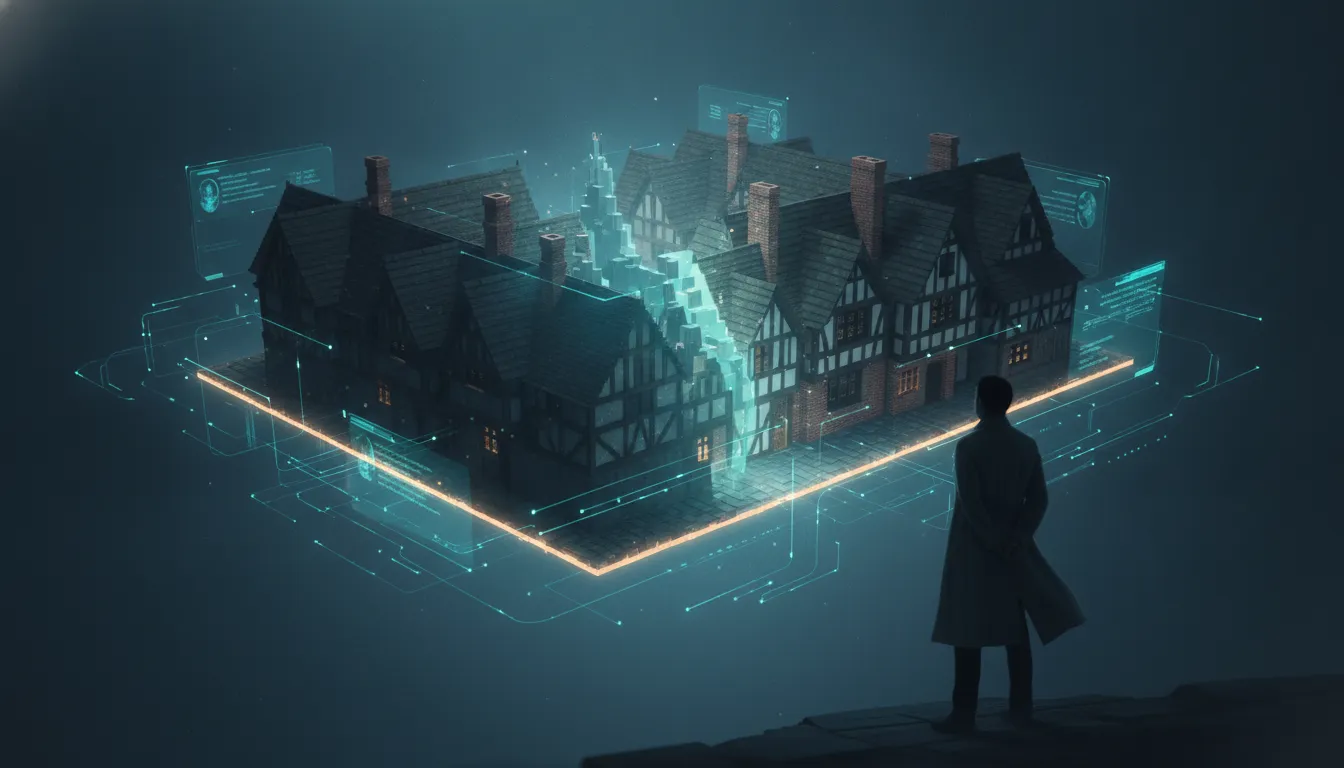 Pohled na průsvitnou voxelovou 3D mapu Londýna přecházející mezi historickými obdobími, obklopenou abstraktními světelnými prvky znázorňujícími spolehlivou autonomní práci AI