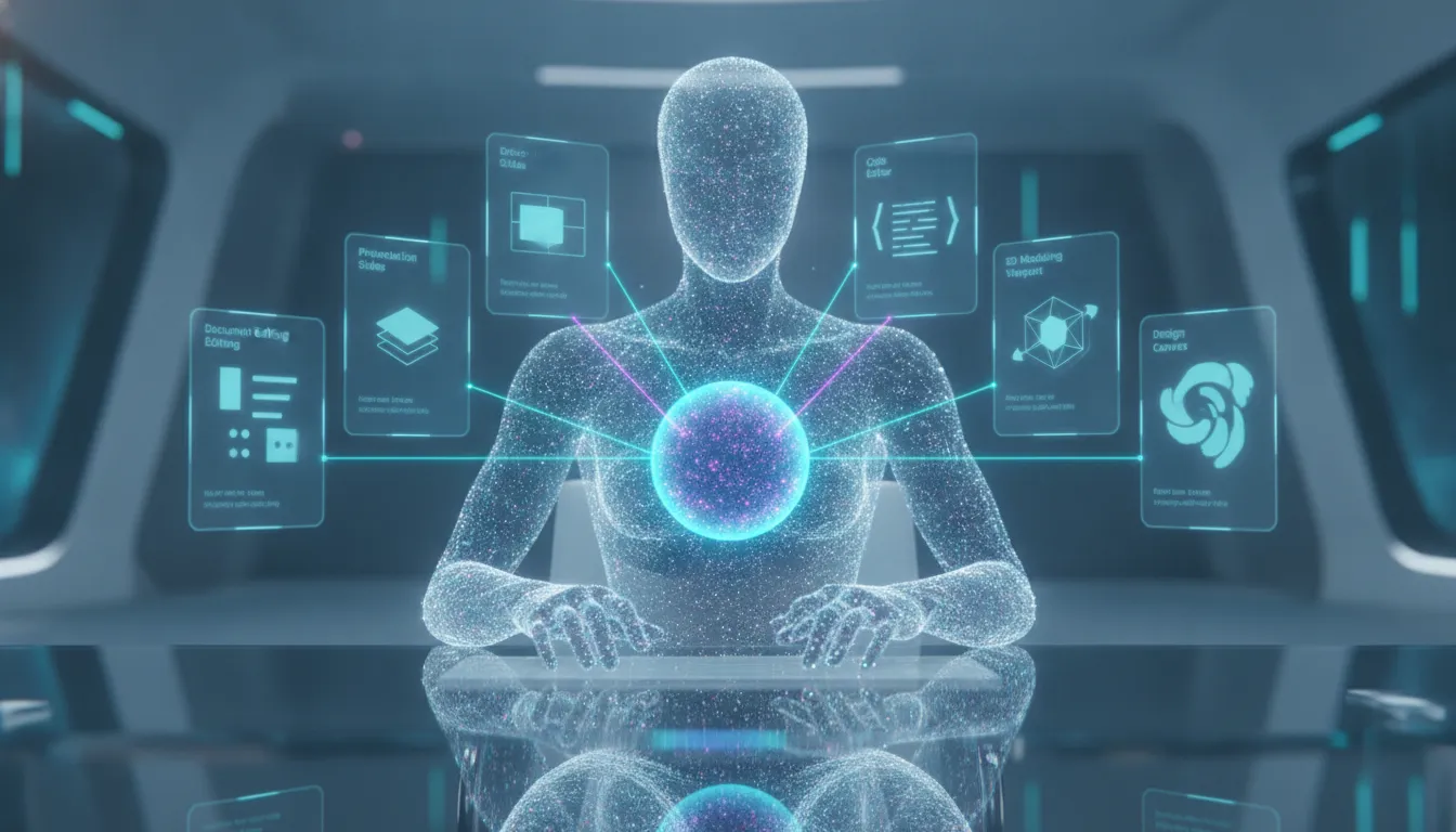 Futuristický vizuál AI jádra propojeného s několika pracovními panely na počítači pro tvorbu, programování a 3D modelování bez textu.