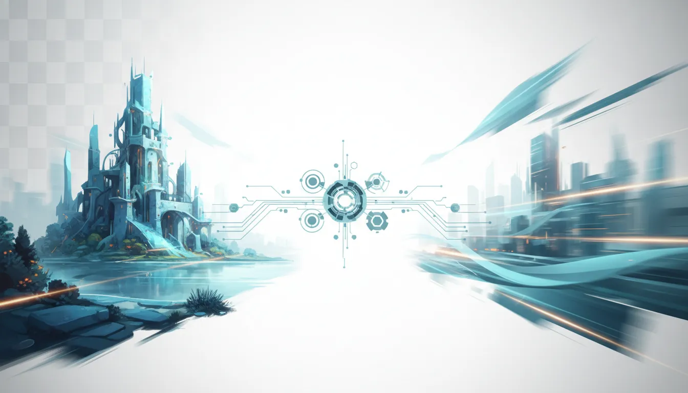 Futuristická ilustrace znázorňující dva generativní obrazové režimy: jednu stranu s vysokou detailností a druhou s rychlým dynamickým zpracováním, propojené světelným rozhraním, bez textu.