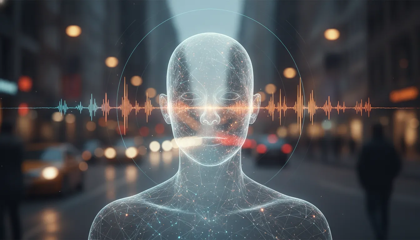 Futuristická vizualizace přirozené hlasové konverzace s přerušitelnými zvukovými vlnami a městským pozadím bez textu.