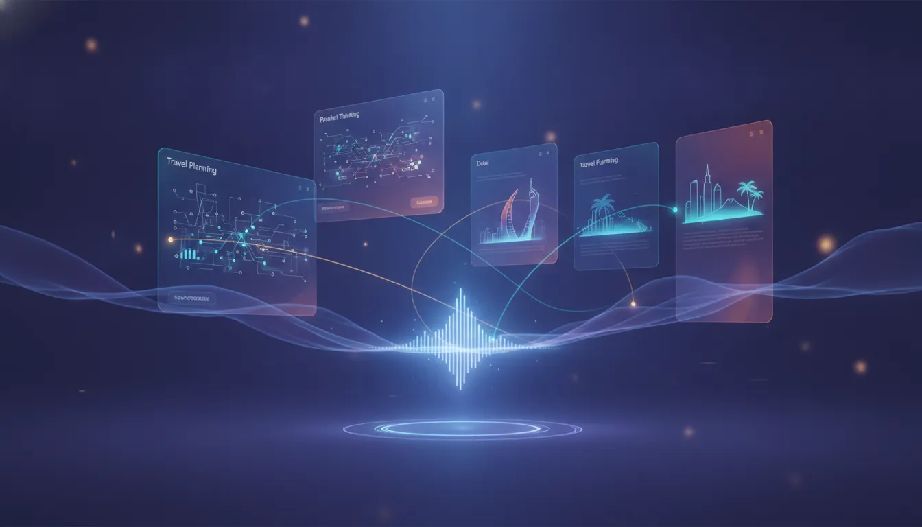 Holographic voice assistant illustrating parallel task processing and travel route planning connecting Tokyo, Dubai, and Hawaii without text.