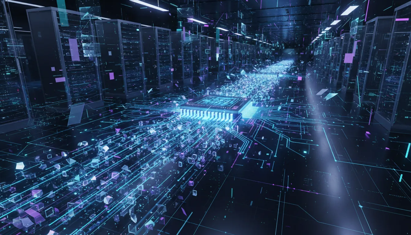 Ilustrace GPU akcelerovaného zpracování obrovských datových toků v moderním datovém centru bez textu.