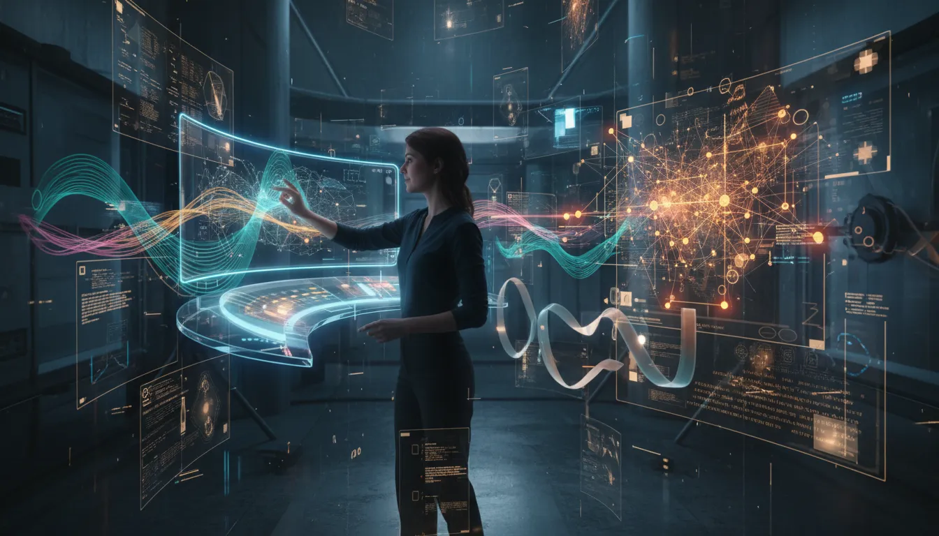 Grafická designérka v futuristickém AI studiu obklopená holografickými vizualizéry hudby, sochařskými procedurálními deformacemi písma a zářící mapovou sítí propojující body pozitivního dozvuku