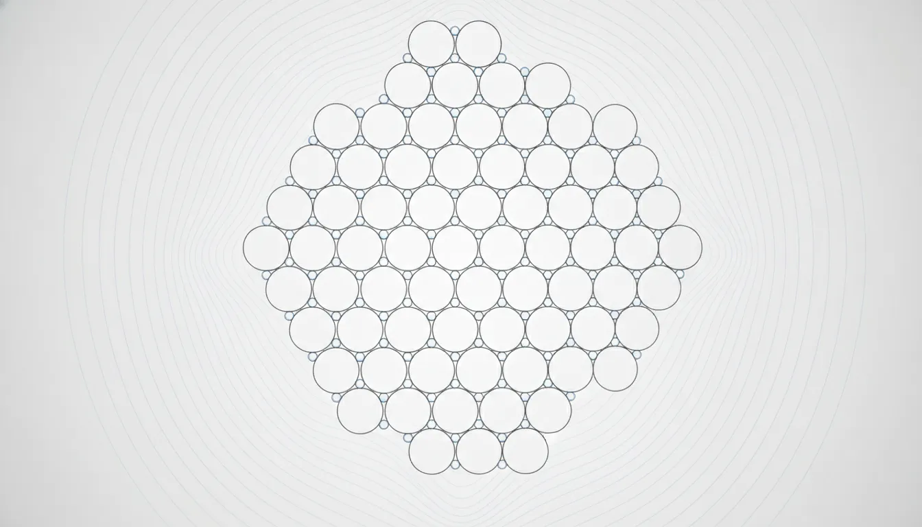 Hexagonal arrangement of identical circles demonstrating planar circle packing density with faint Fourier-style wave patterns overlay
